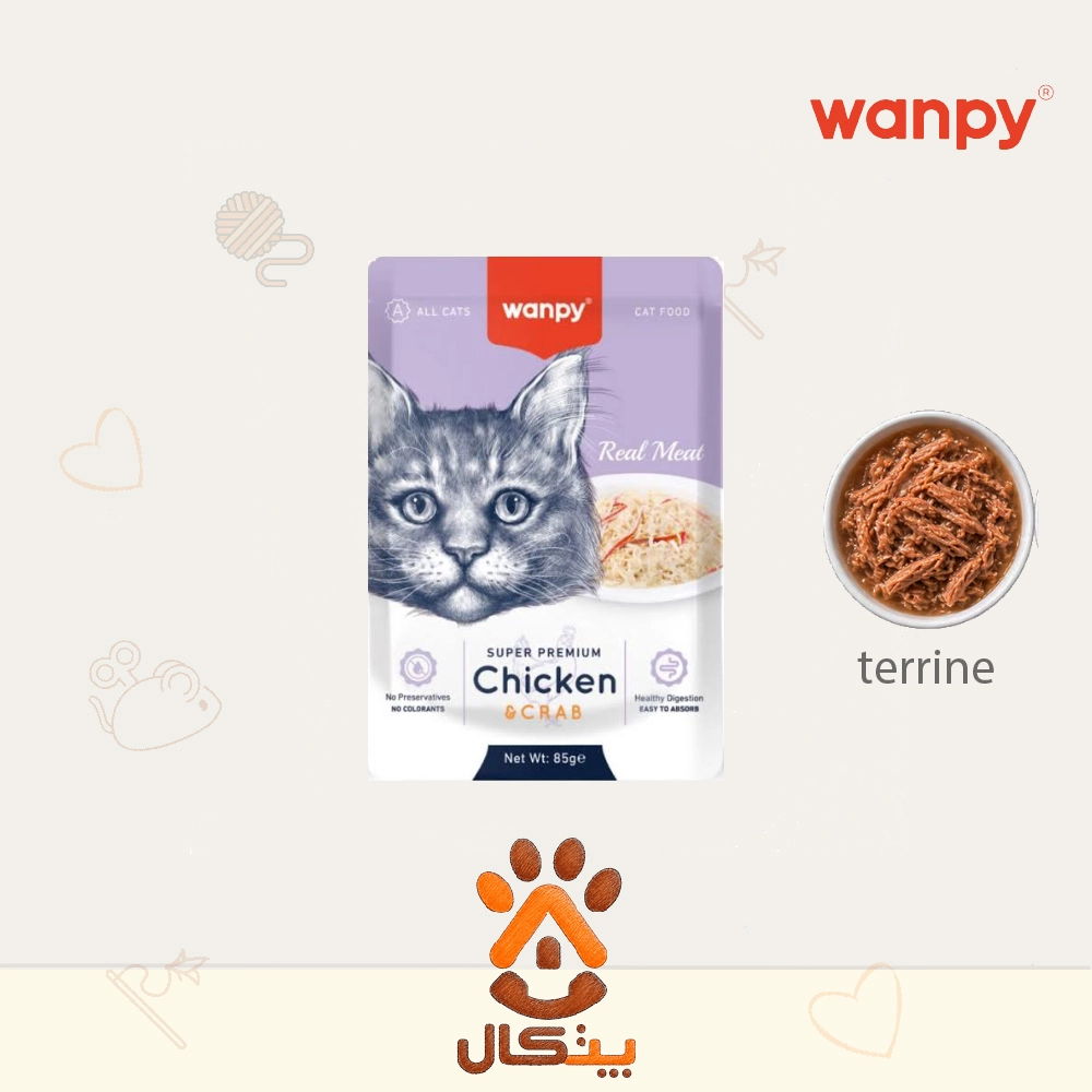پوچ ونپی مرغ و خرپنگ رشته ای 2 پوچ گربه ونپی فیله مرغ و خرچنگ ۸۵ گرم Wanpy - Image 1